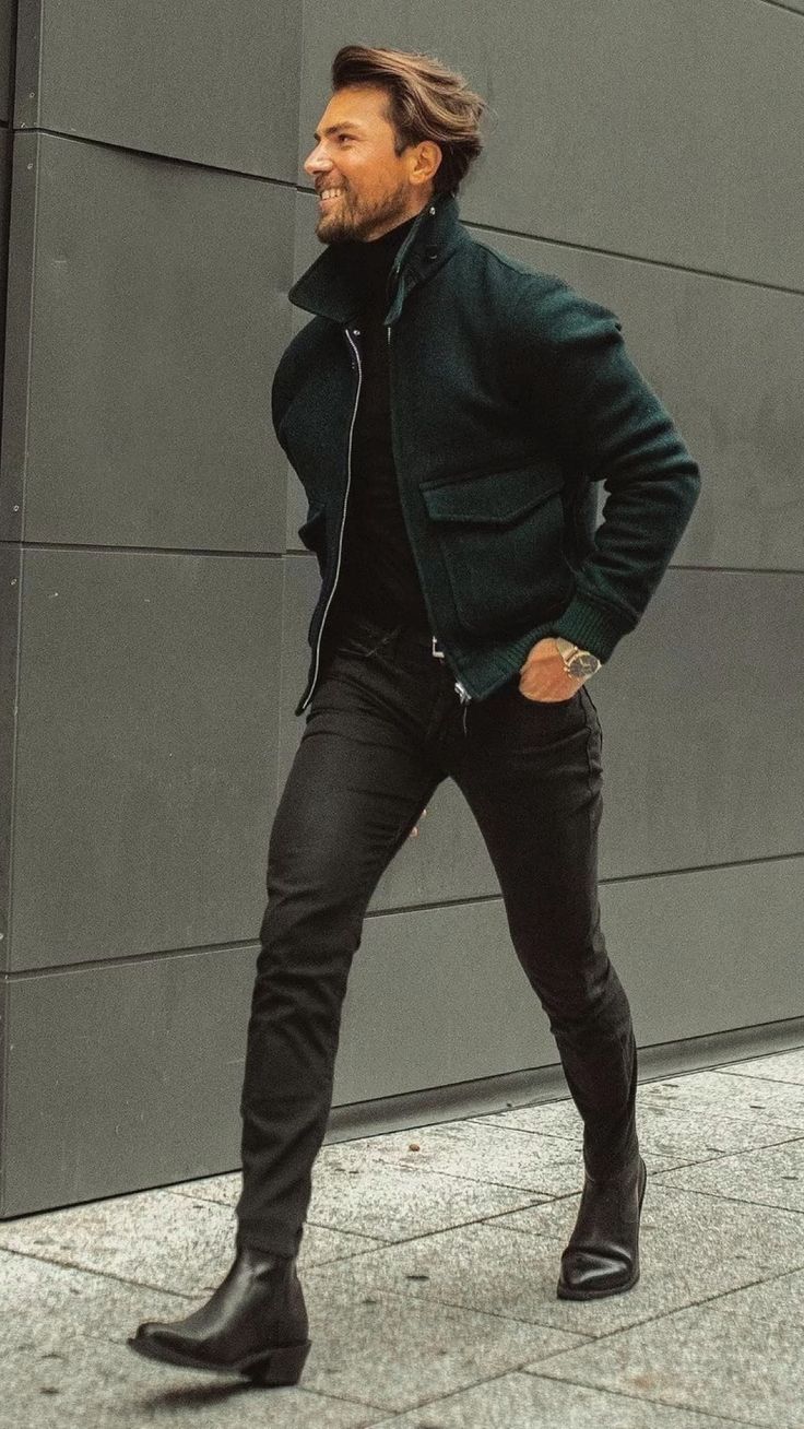 Elegant Dark Green Jacket with Black Chelsea Boots